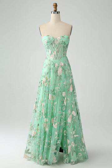 Green A Line Sweetheart Printed Corset Formal Dress with Slit
